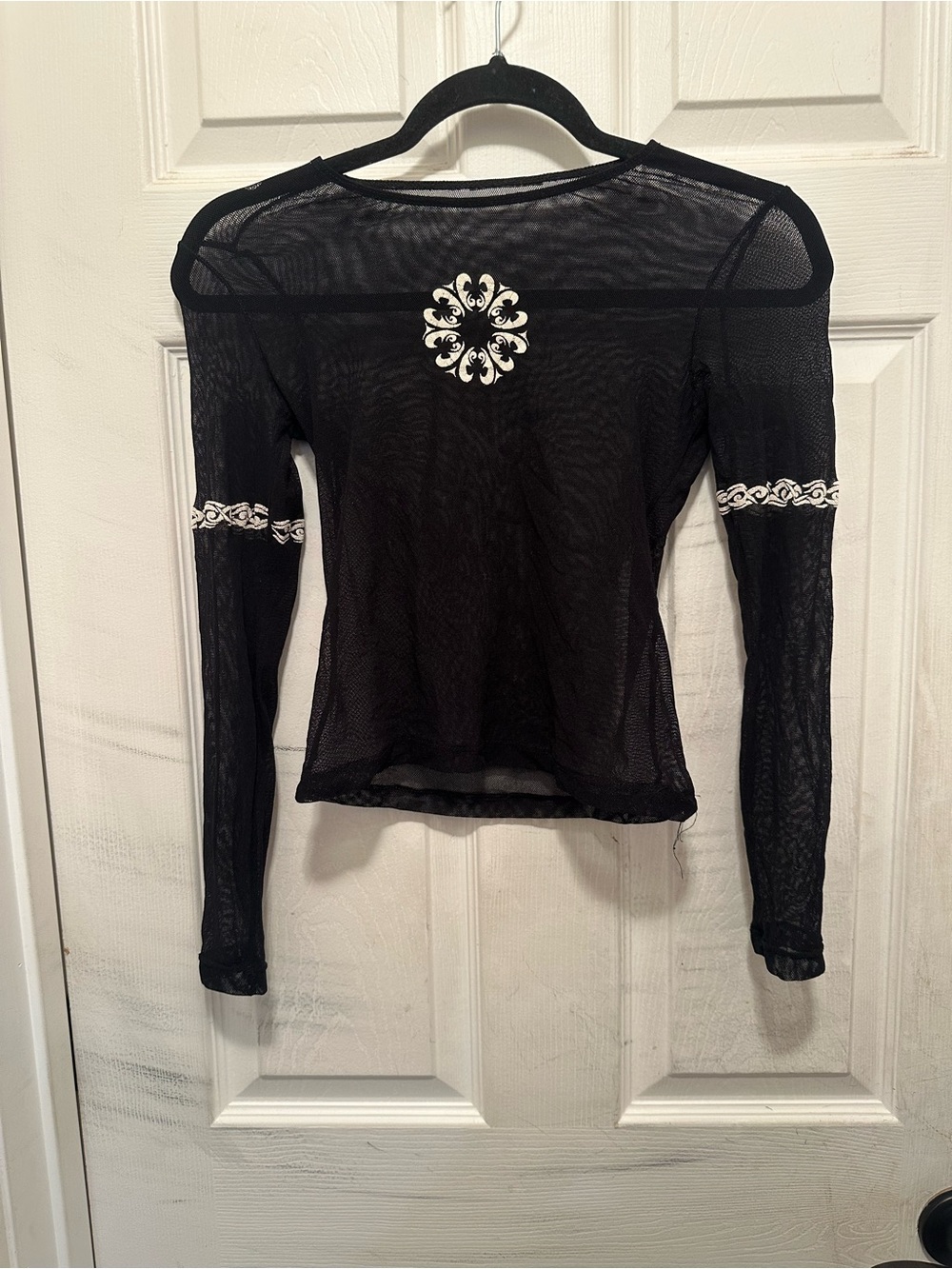 Black Long-Sleeve Mesh Top with White Printed Motif Goth Club Festival Y2K